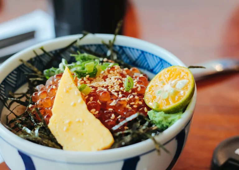 Japanese rice bowl topped with salmon roe and tamago